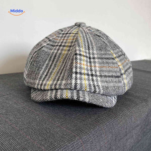 Flat cap van wolmix, 8-panel met knoopdetail, kleur grijs ruit met gele strepen