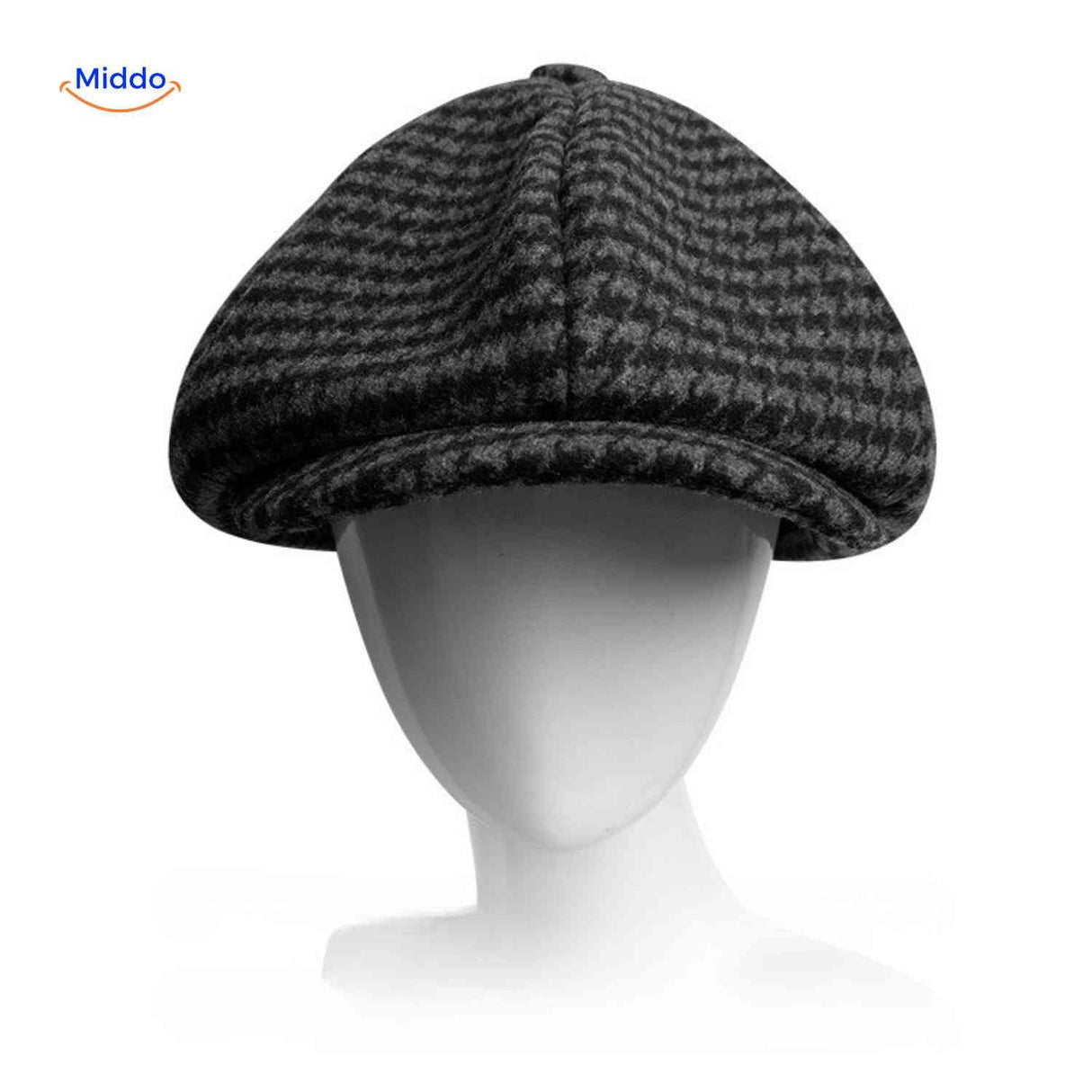 Flat cap van wolmix, 8-panel met knoopdetail, kleur zwart-grijze pied de poule