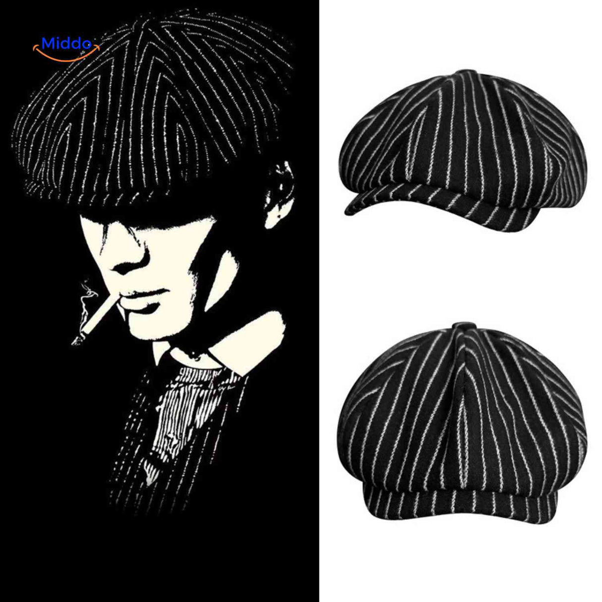 Flat cap van wolmix, 8-panel met knoopdetail, kleur zwart met witte strepen