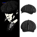 Flat cap van wolmix, 8-panel met knoopdetail, kleur zwart met witte strepen