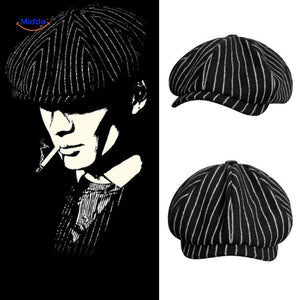 Flat cap van wolmix, 8-panel met knoopdetail, kleur zwart met witte strepen