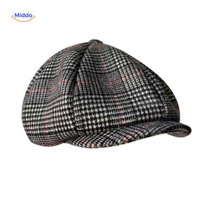 Flat cap van wolmix, 8-panel met knoopdetail, kleur zwart/wit/rood ruitpatroon