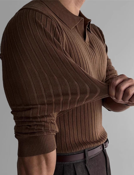 Geribde gebreide polotrui heren met open kraag, kleur bruin