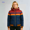 Gewatteerde jas dames met retro regenboogstrepen, kleur blauw + rood