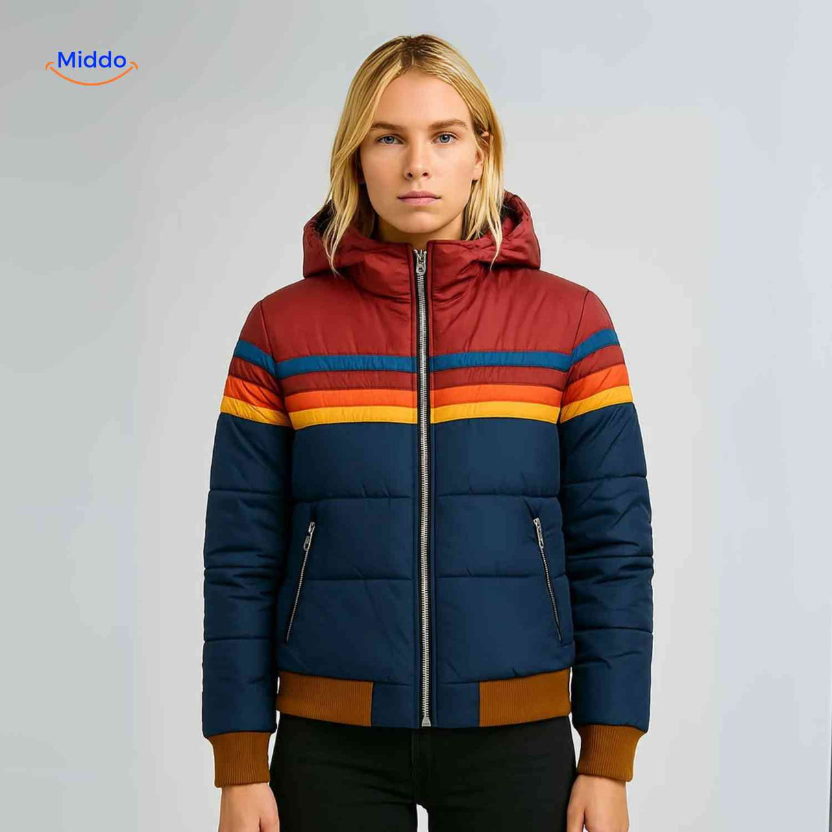 Gewatteerde jas dames met retro regenboogstrepen, kleur blauw + rood