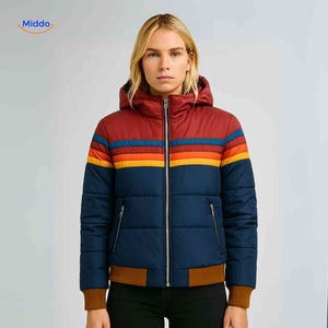 Gewatteerde jas dames met retro regenboogstrepen, kleur blauw + rood