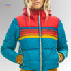Gewatteerde jas dames met retro regenboogstrepen, kleur lake blue + rood