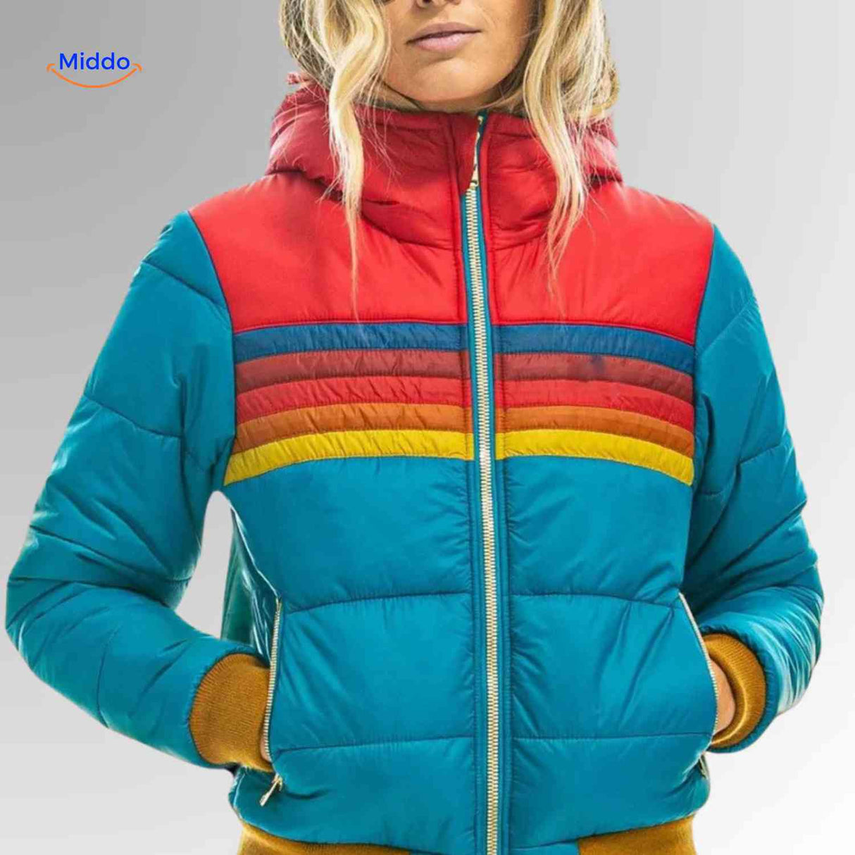 Gewatteerde jas dames met retro regenboogstrepen, kleur lake blue + rood
