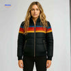 Gewatteerde jas dames met retro regenboogstrepen, kleur zwart