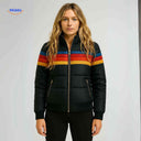 Gewatteerde jas dames met retro regenboogstrepen, kleur zwart