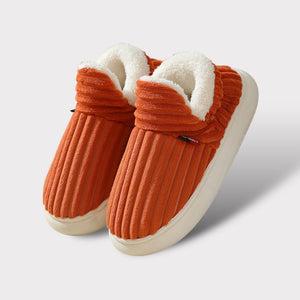 Hoge pantoffels van ribstof met omgeslagen fleeceboord, kleur oranje