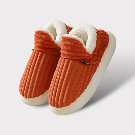 Hoge pantoffels van ribstof met omgeslagen fleeceboord, kleur oranje