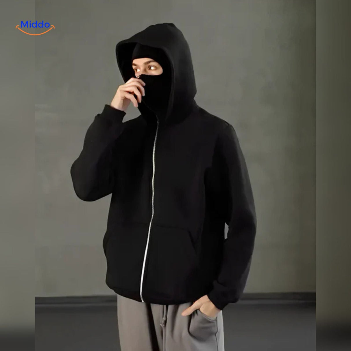 Oversized hoodie met rits tot over het gezicht