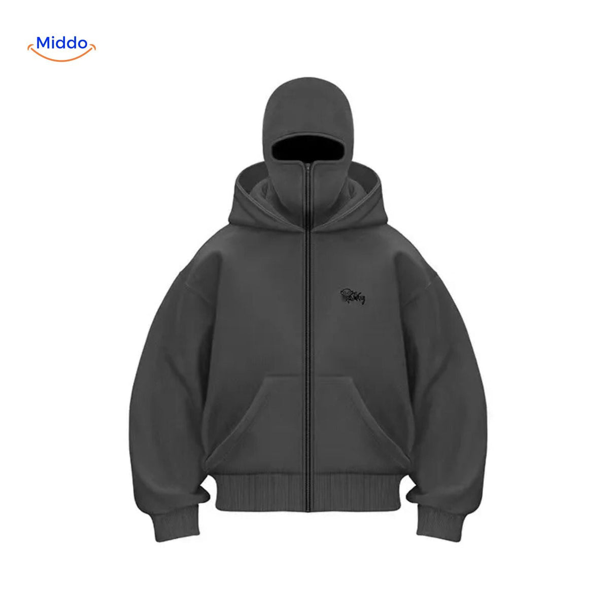 Oversized hoodie met rits tot over het gezicht, kleur grijs borduurwerk