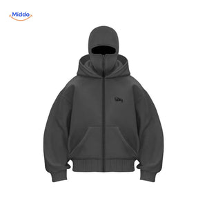 Oversized hoodie met rits tot over het gezicht, kleur grijs borduurwerk