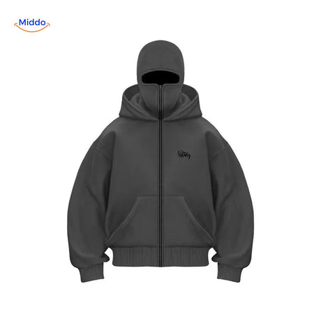 Oversized hoodie met rits tot over het gezicht, kleur grijs borduurwerk