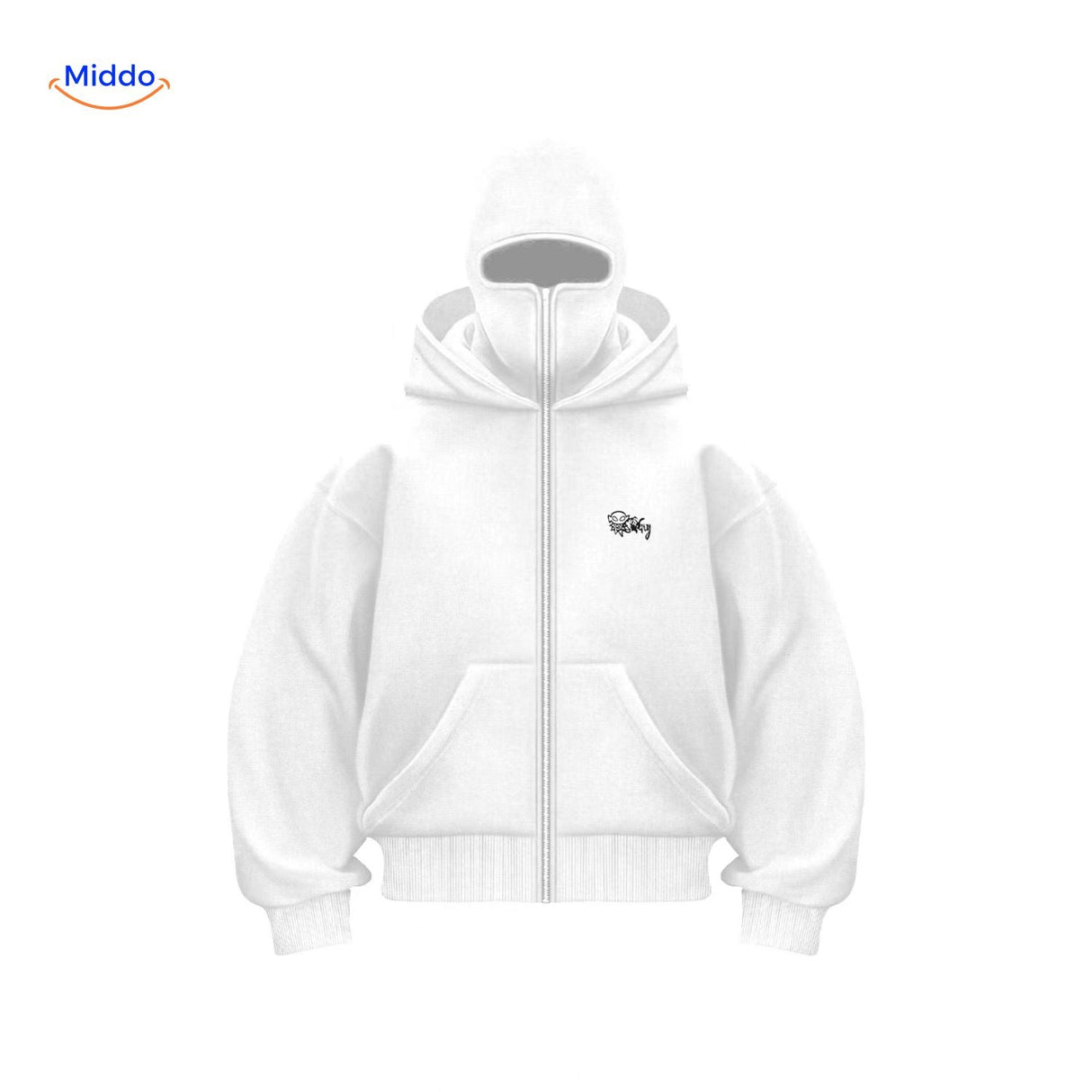 Oversized hoodie met rits tot over het gezicht, kleur wit borduurwerk