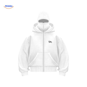 Oversized hoodie met rits tot over het gezicht, kleur wit borduurwerk