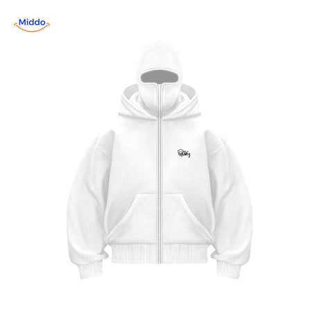 Oversized hoodie met rits tot over het gezicht, kleur wit borduurwerk