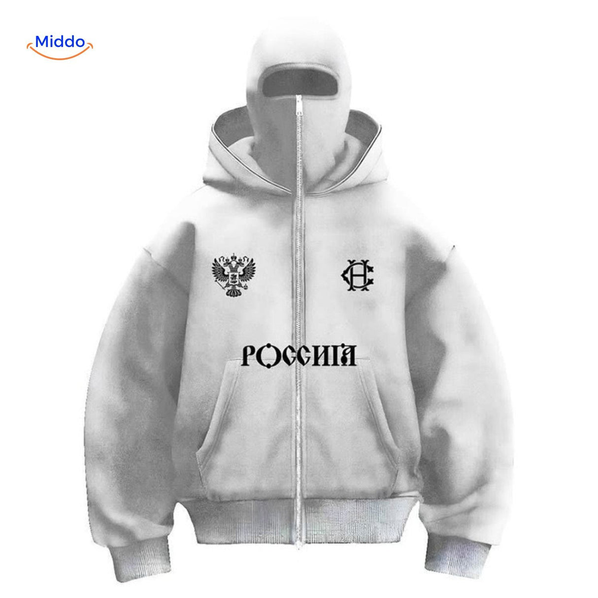 Oversized hoodie met rits tot over het gezicht, kleur witte print