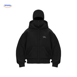 Oversized hoodie met rits tot over het gezicht, kleur zwart borduurwerk