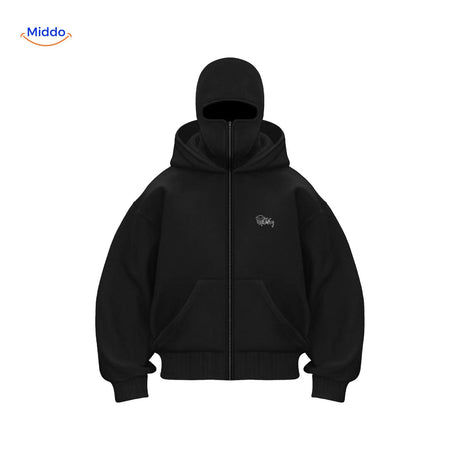 Oversized hoodie met rits tot over het gezicht, kleur zwart borduurwerk