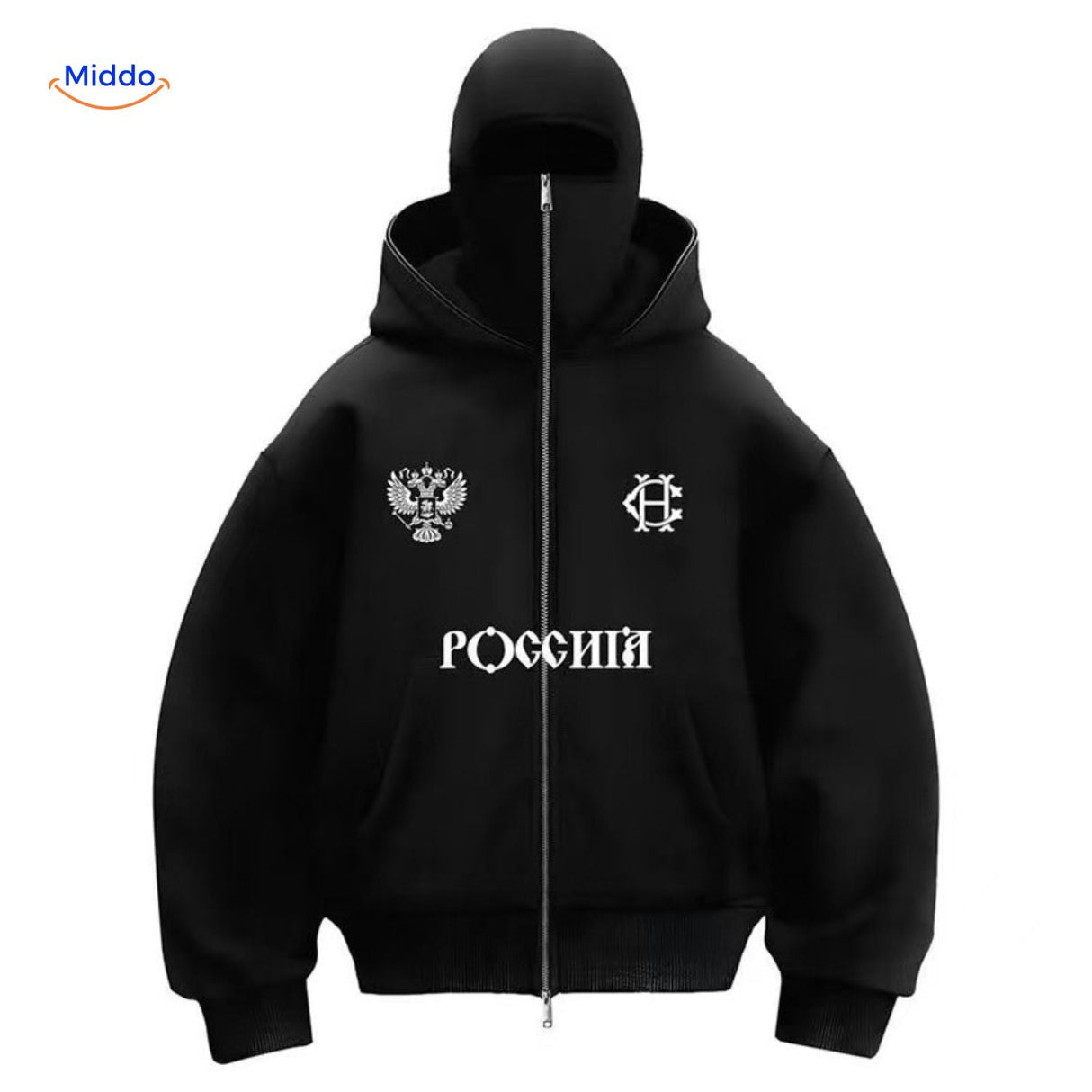 Oversized hoodie met rits tot over het gezicht, kleur zwarte print