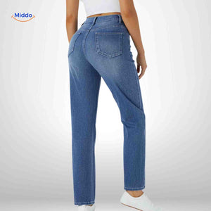 High waist jeans dames met stretch en diepe zakken