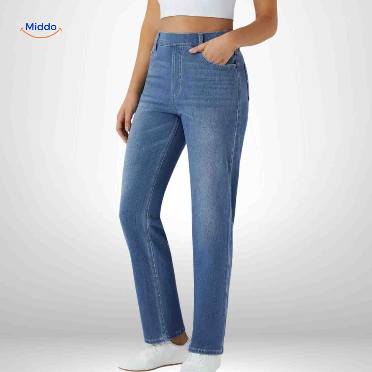 High waist jeans dames met stretch en diepe zakken
