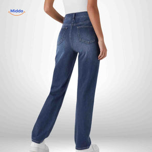 High waist jeans dames met stretch en diepe zakken