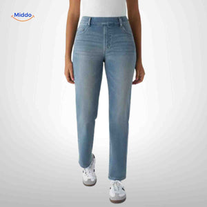 High waist jeans dames met stretch en diepe zakken