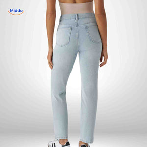 High waist jeans dames met stretch en diepe zakken