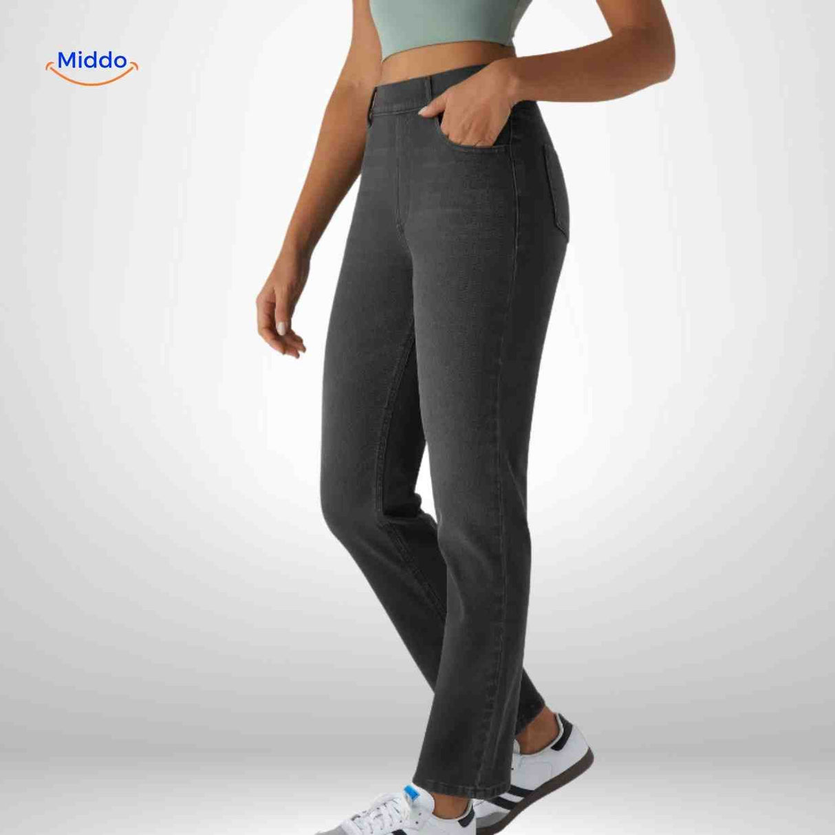 High waist jeans dames met stretch en diepe zakken