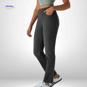 High waist jeans dames met stretch en diepe zakken
