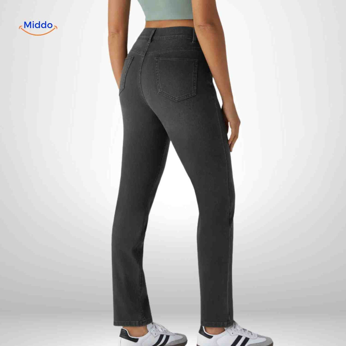 High waist jeans dames met stretch en diepe zakken