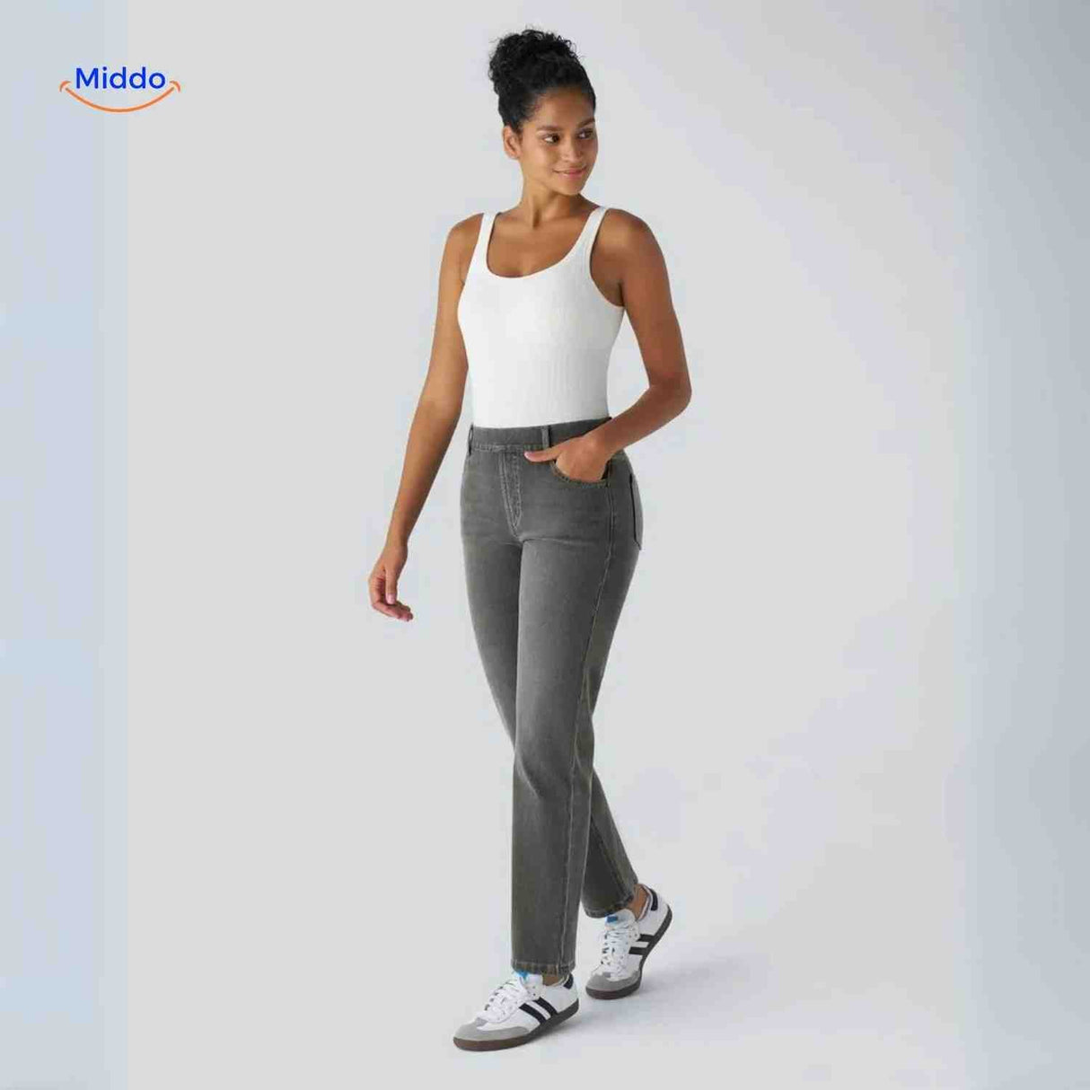 High waist jeans dames met stretch en diepe zakken