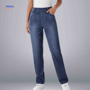 High waist jeans dames met stretch en diepe zakken