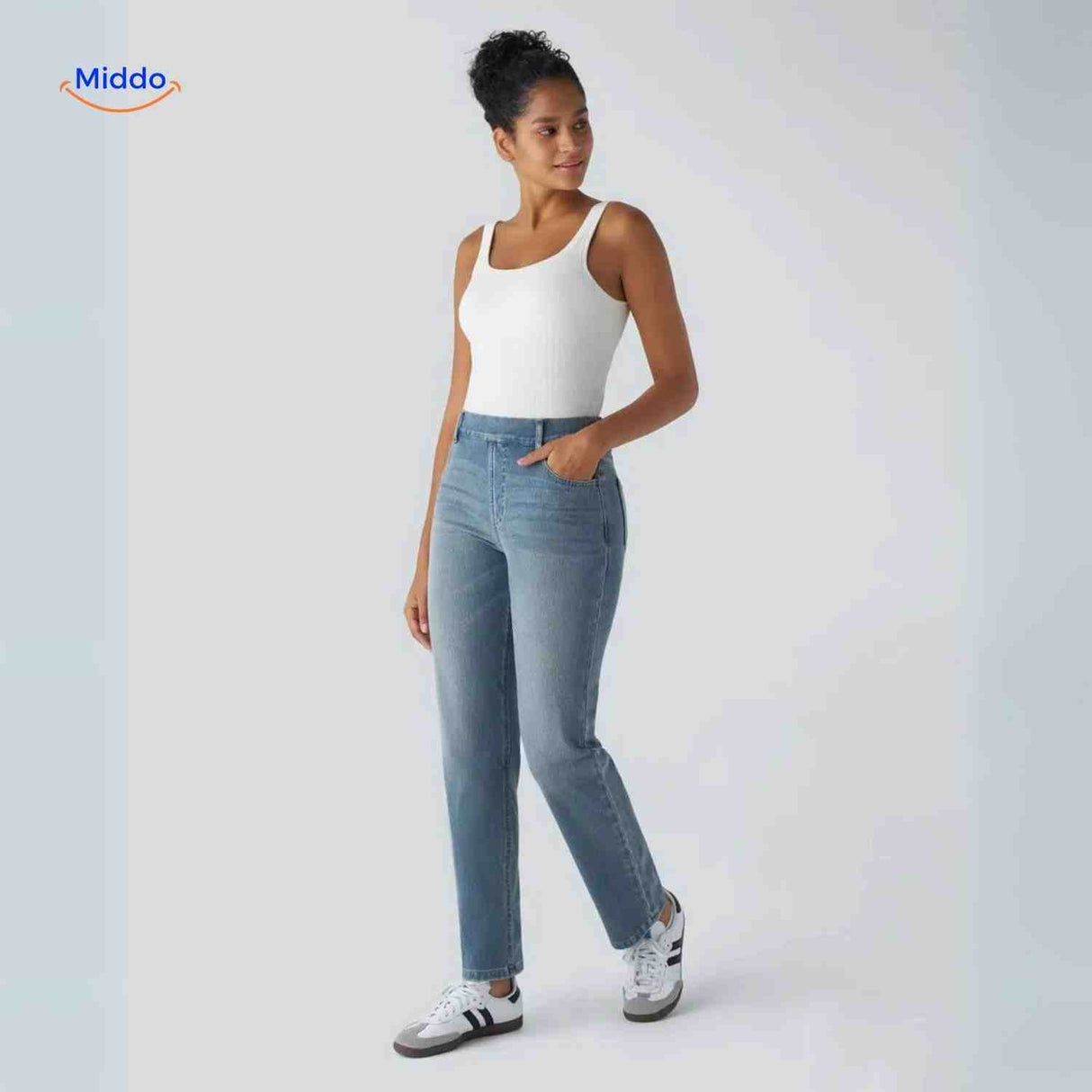 High waist jeans dames met stretch en diepe zakken, kleur meerblauw