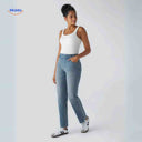 High waist jeans dames met stretch en diepe zakken, kleur meerblauw