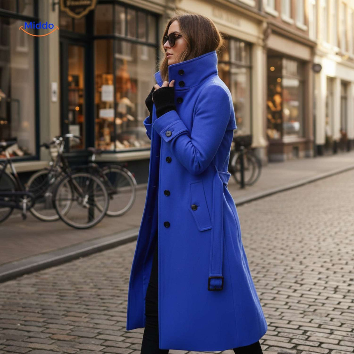 Lange damesmantel met knoopsluiting en opstaande kraag, kleur blauw