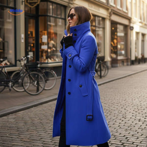 Lange damesmantel met knoopsluiting en opstaande kraag, kleur blauw