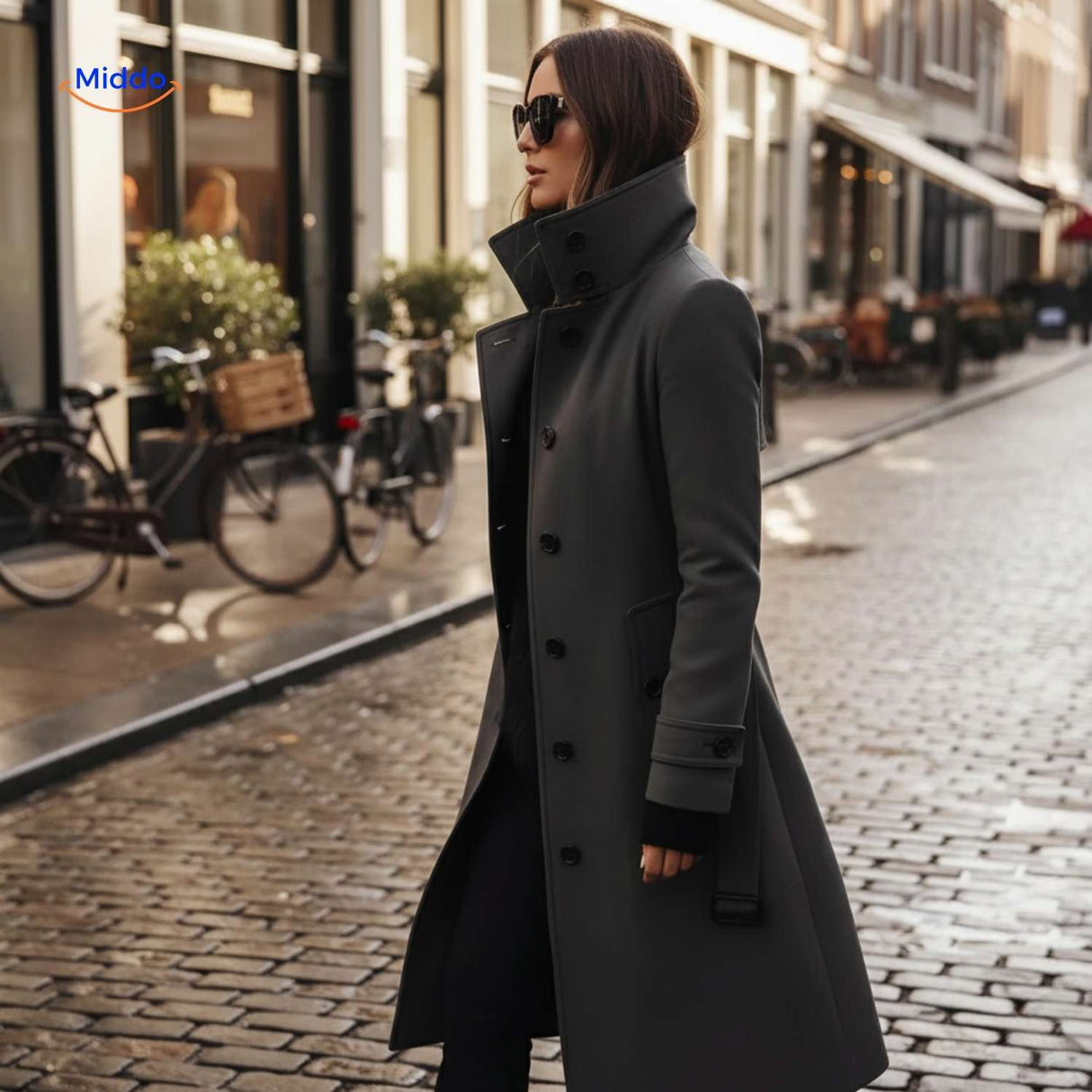Lange damesmantel met knoopsluiting en opstaande kraag, kleur donkergrijs