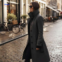 Lange damesmantel met knoopsluiting en opstaande kraag, kleur donkergrijs