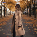 Lange damesmantel met knoopsluiting en opstaande kraag, kleur khaki