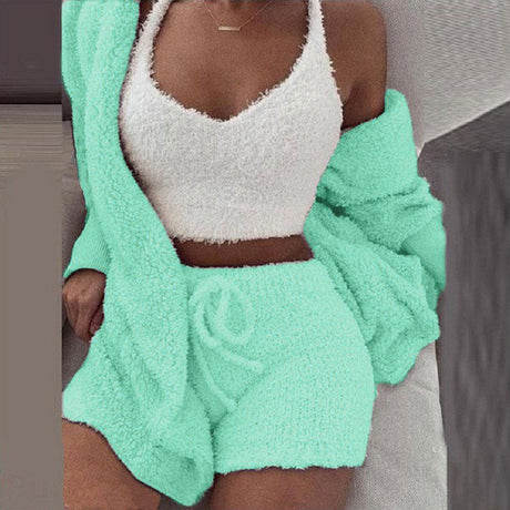 Driedelige loungeset van teddystof: top, short, vest