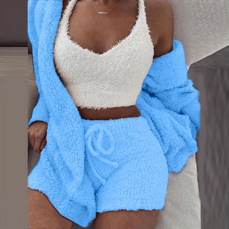 Driedelige loungeset van teddystof: top, short, vest, kleur blauw