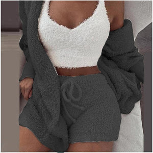 Driedelige loungeset van teddystof: top, short, vest, kleur donker grijs