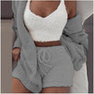 Driedelige loungeset van teddystof: top, short, vest, kleur grijs