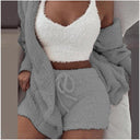 Driedelige loungeset van teddystof: top, short, vest, kleur grijs
