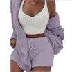 Driedelige loungeset van teddystof: top, short, vest, kleur paars